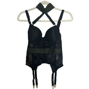 Lovehoney Lingerie Black Lace And Gold Studded Corset With Neck Choker